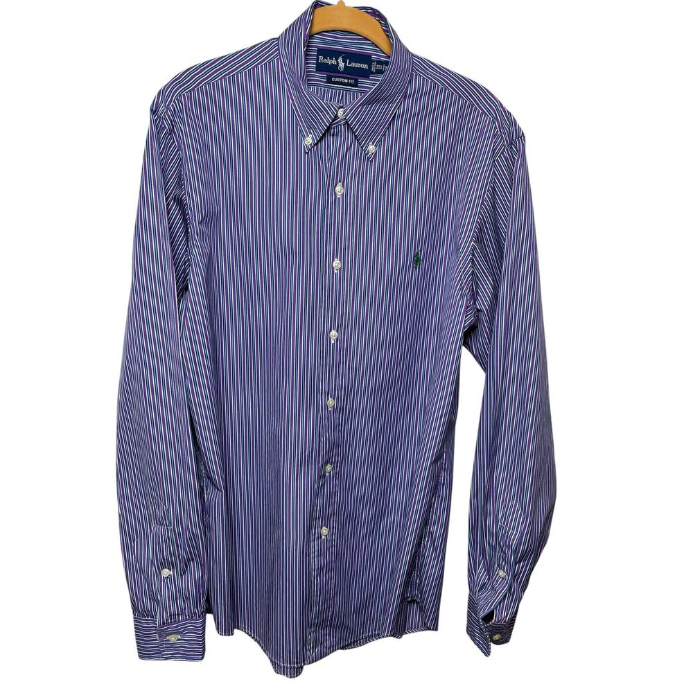 Ralph Lauren Purple Navy White Striped Sz 15-1/2" Med Longsleeve Button Shirt